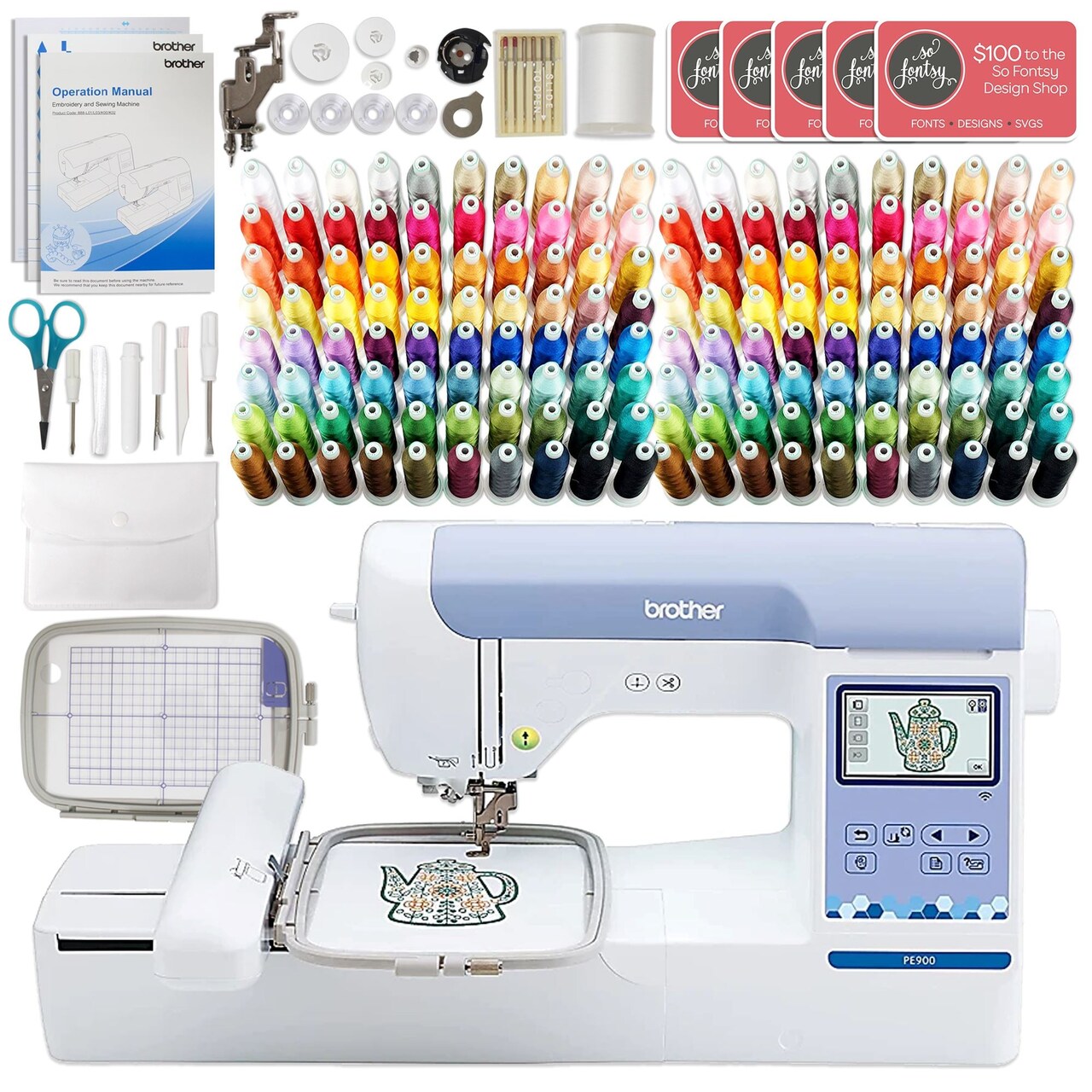 Brother PE900 5" x 7" Embroidery Machine with 160 Embroidery Spools Bundle